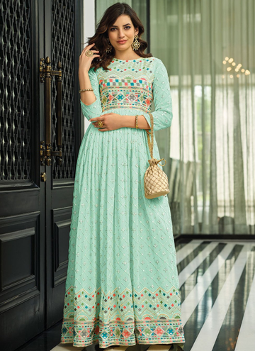Wedding Wear Light Blue Georgette Gown With Nazmeen Dupatta